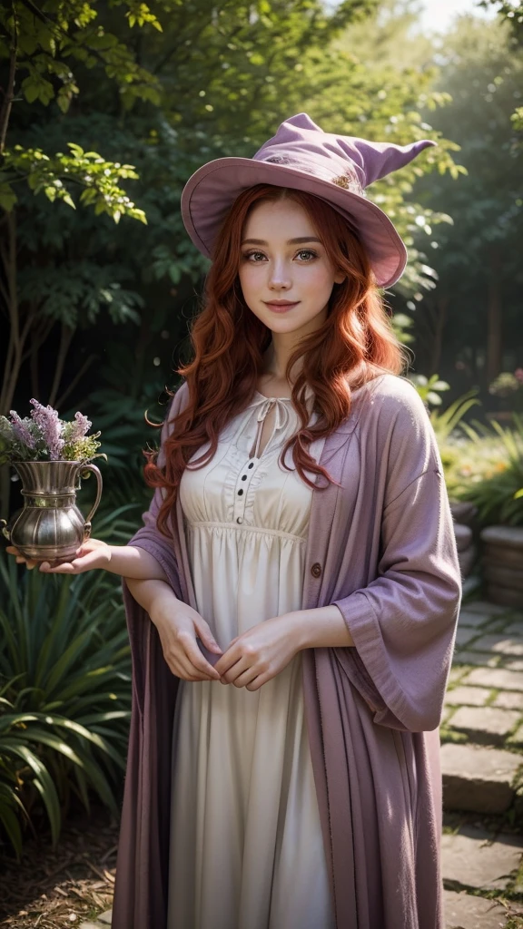 A realistic 25 year old witch, with curly red hair and a slight smile, is in a magical and enchanted garden under soft natural light performing a ritual wearing light clothes and a lilac hat
