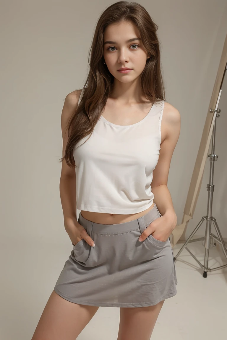 beautiful 16 year old girl with small breasts ,tender and angelic face with an expression of tenderness , She is dressed in a straight skirt and a sleeveless blouse in her T-shirt. , and black sneakers.( She is modeling standing in front of the camera in a photo studio )