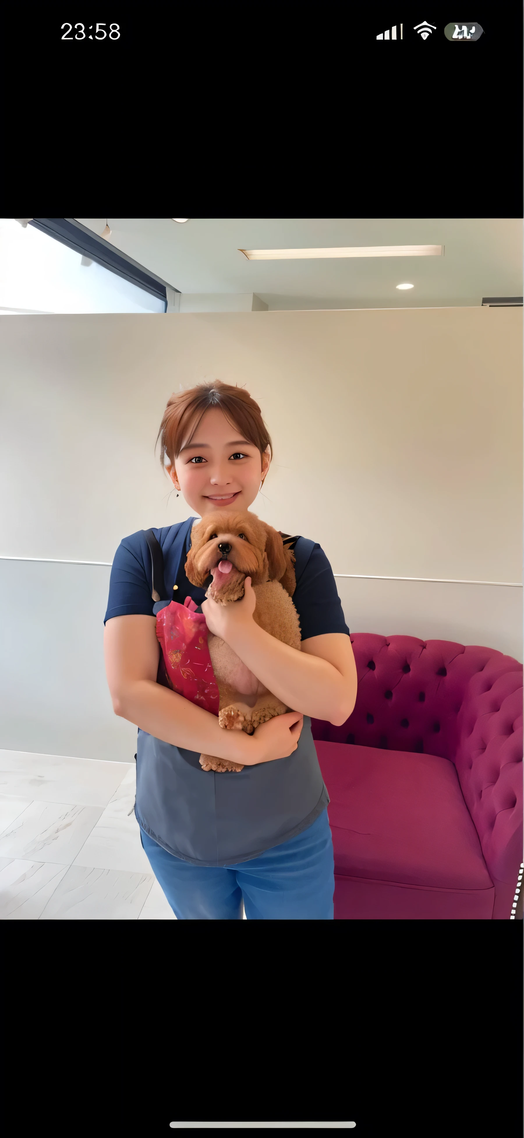 Tabletop, Highest quality, figure, Super detailed, Fine details, High resolution, 8k wallpaper, Perfect dynamic composition, Beautiful attention to detail, (((Wear a cute apron over your clothes))),Medium Hair, Natural color lips,20-year-old girl(((dog)))