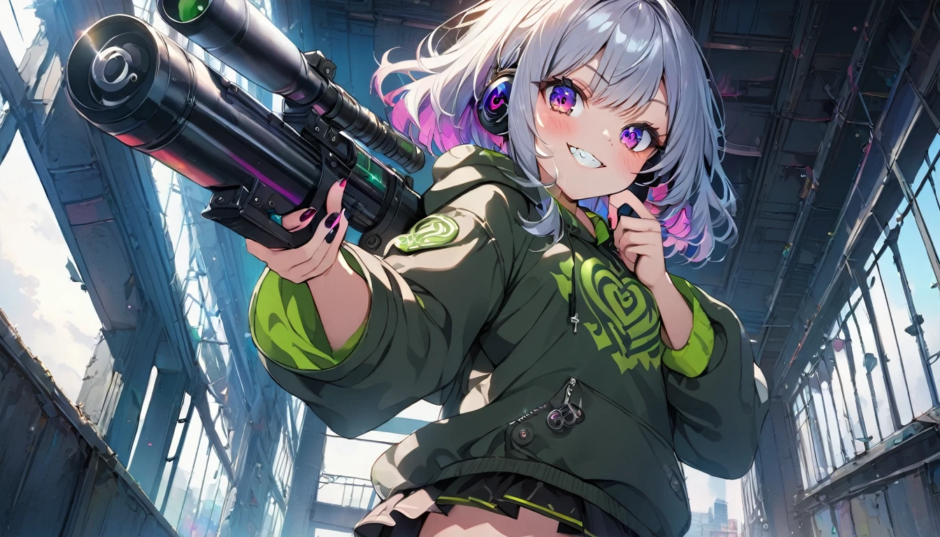 ((Masterpiece)), ((best quality)), (Anime:1.3), (super detail:1.2), (High Definition:1.3), (Professional Photography:1.3), cute young Girl, Glossy unruly hair, (loose swept bangs), (silver ash hair), medium hair, big eyes, (Eye bags:1.3), (Long eyelashes), colorful eyes, (set up a Rocket launcher:1.3), (peek into the aim:1.5), Glossy lips, (jagged teeth), (evil smile and blush), ((Camouflage hoodie with oversized)), mini skirt, (upper body:1.3), barearms, cute, (colorful:1.3), gothic makeup, (wearing headphone), pretty, Celtic, maniac, (at the roof of the building), (dutch angle:1.3),