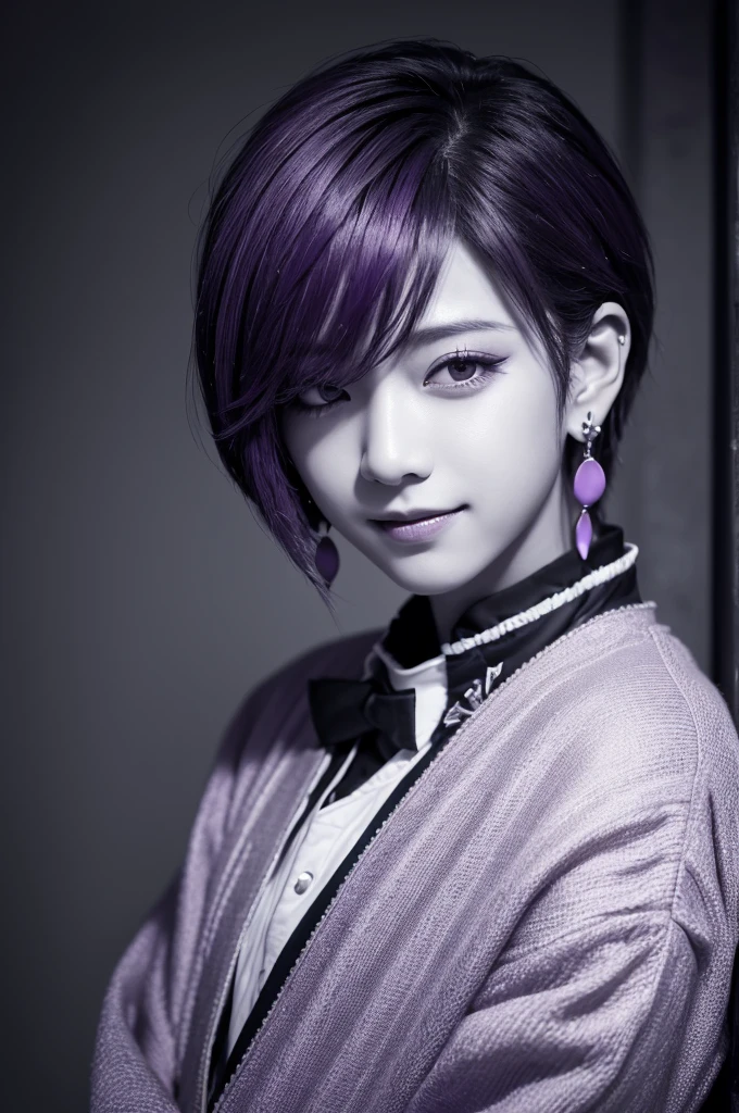 One boy,alone,short hair, Visual Kei, unity 8k wallpaper, Super detailed, beautiful and aesthetic, beautiful, masterpiece, Highest quality,, Earrings, Close your eyes and smile, Monochrome, purple,