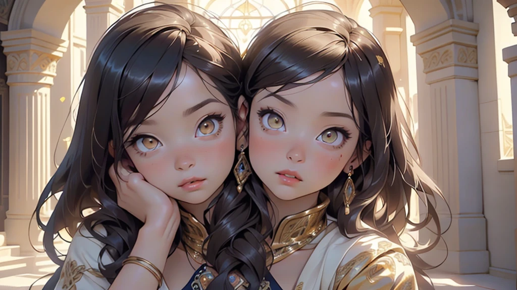 2girls,multiple girls,(((beautiful brunettes identical twins in middle of composition:1.5))),(brunette long hair:1.5),detailed and intricate,very enormous breast:1.7),(((yellow_eyes:1.3))),intricate eyes,beautiful detailed eyes,symmetrical eyes,(((lustrous skin:1.5,bright skin: 1.5,skin tanned,shiny skin,very shiny skin,shiny body,plastic glitter skin,exaggerated shiny skin,illuminated skin))), shiny lips, very big ass,inflated legs,thick thighs,(symmetrical detailed face:1.7),toned, sexy, nsfw,

sexy,zettai ryouiki,tiny clothes,show skin,(arabian clothes, harem outfit, arabian dancing girl, belly dancer outfit, sex slave, jewelry, sheer loincloth, pelvic curtain, midriff, bracelets,),(arabian jewelry,intricate necklace),((((silk loincloth:1.5,transparent loincloth)))),navel:1.5,(((gold clothes))),

(dynamic pose:1.0),embarrassed,(centered,scale to fit dimensions,Rule of thirds),

indoors,(huge columns of an Arab palace,arab palace,arab palace background),scenery,extremely scenery,arab style,

(Glossy arab ornaments),highres,sharp focus,(ultra detailed,extremely detailed),(photorealistic artwork:1.37),(extremely detailed CG unity 8k wallpaper),(((vibrant colors,vibrant theme))),(intricate),(masterpiece),(best quality),artistic photography,(photography taken by sldr),(intricate background),perfect rendered face,perfect face details,realistic face,photo realistic,((intricate detail)),(((realism))),
