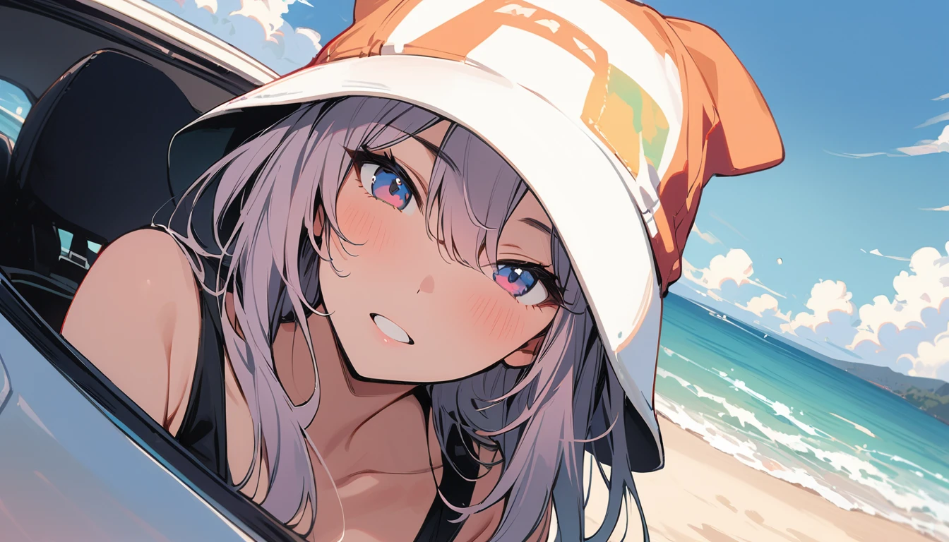 (masterpiece, Highest quality:1.2), 1 Girl, alone,Eyes open,Are you having fun,Tropical atmosphere,Riding in a car near the sea