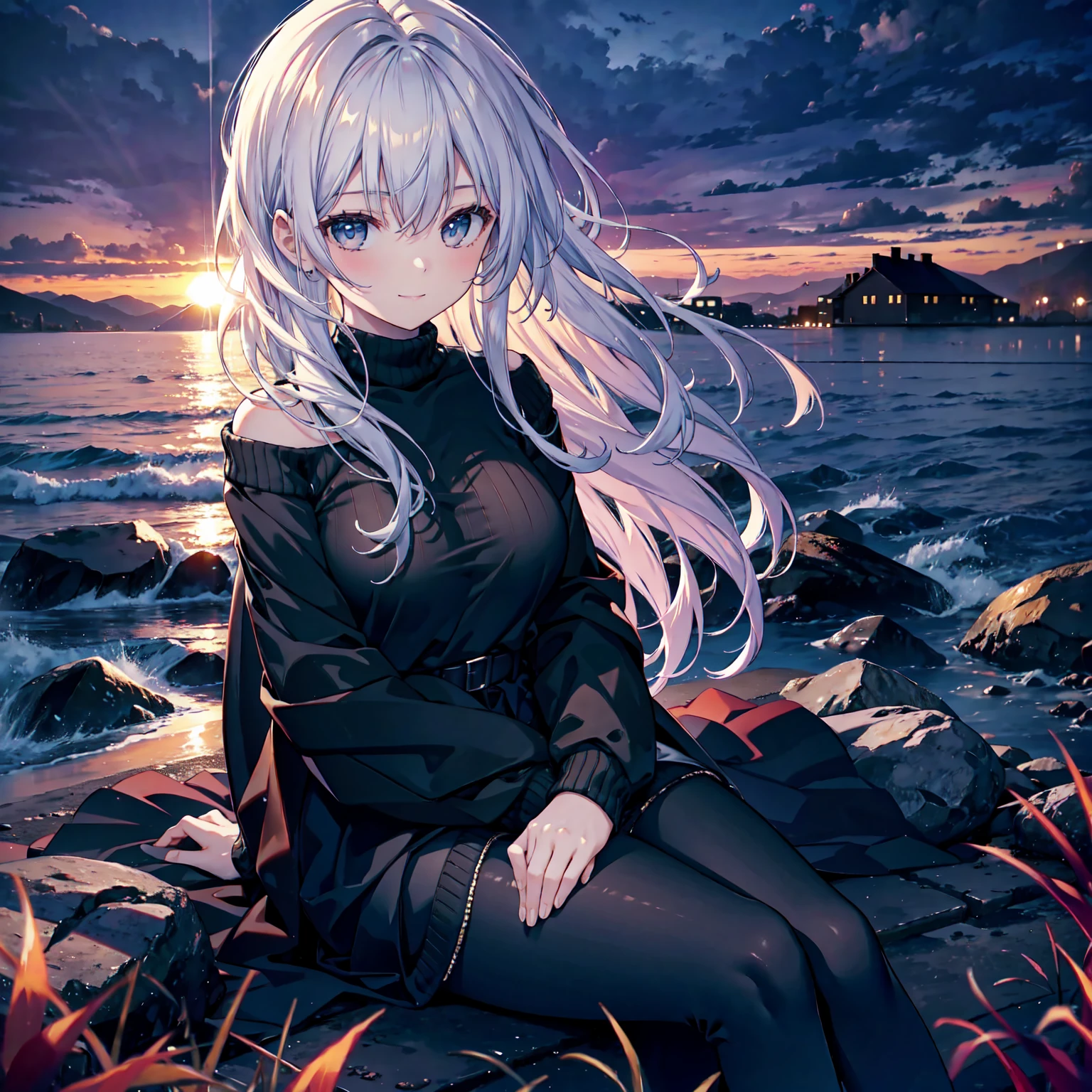 (Dark Scene, Soft lighting, High saturation):1.4, Vivid lighting, Enchanting elegance, Atmospheric Depth, Great technology, Naturalistic representation, Harmonious composition, Creative refinement, Striking contrast,
(One Girl, Young Beauty), Sitting, smile, View your audience, From above, Sharp focus, Extra Large_sweater,  shoulder,
((sunset)),Volumetric Fog, Outdoor, Backlight