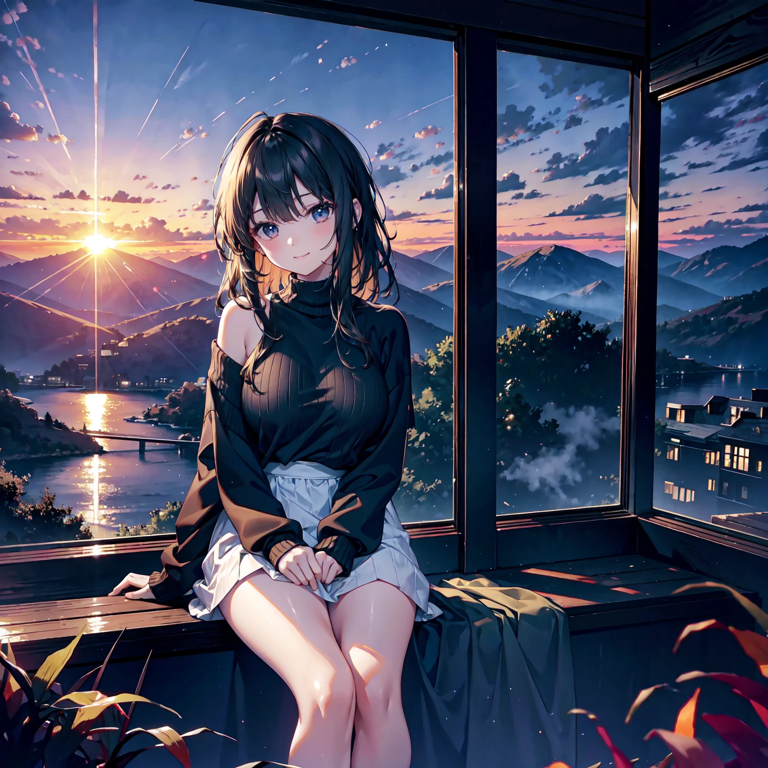 (Dark Scene, Soft lighting, High saturation):1.4, Vivid lighting, Enchanting elegance, Atmospheric Depth, Great technology, Naturalistic representation, Harmonious composition, Creative refinement, Striking contrast,
(One Girl, Young Beauty), Sitting, smile, View your audience, From above, Sharp focus, Extra Large_sweater,  shoulder,
((sunset)),Volumetric Fog, Outdoor, Backlight