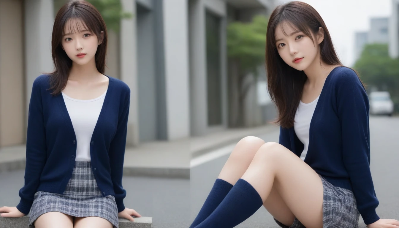 8K, Ultra-high resolution, Highest quality, masterpiece, 三分割法によるphotograph,Surreal, photograph, 1 Girl, (:1.3), pretty girl, Cute face, Beautiful eyes in every detail, 細かくdetailedに,masterpiece,One Girl:1.2, Japan Female Announcer,whole body,from below,Fearful expression,Black Hair,Messy hair,Cyber city of the near future,Wearing a cardigan sweater on your back、Girl sitting in the middle of the road, Plaid pencil skirt, High socks and black shoes,Beautiful leg line beauty,Realistic Skin, Perfect and beautiful face ,完璧でCute face, Skin with attention to detail, Perfect limbs、Narrow waist、Thin legs),Looking at the audience、beauty,Long neck、(((Ideal body type))),A cup small breasts :2,Portraiture:2,Perfect Anatomy,鮮明なdetailed,detailed,Surreal,Light and shadow,darkness