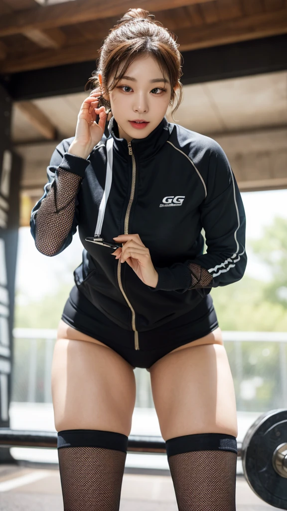 Highly detailed CG Unity 8K wallpapers,top Quority,Super detailed,tmasterpiece,realisticlying,photograph realistic,Very detailed cute girl,25 age old,musculature,Microabs,Round eyes,peeping at the viewer,Be red in the face,parted lip,Half-body shooting,
track suit , gym room,black fishnet stocking , short hair