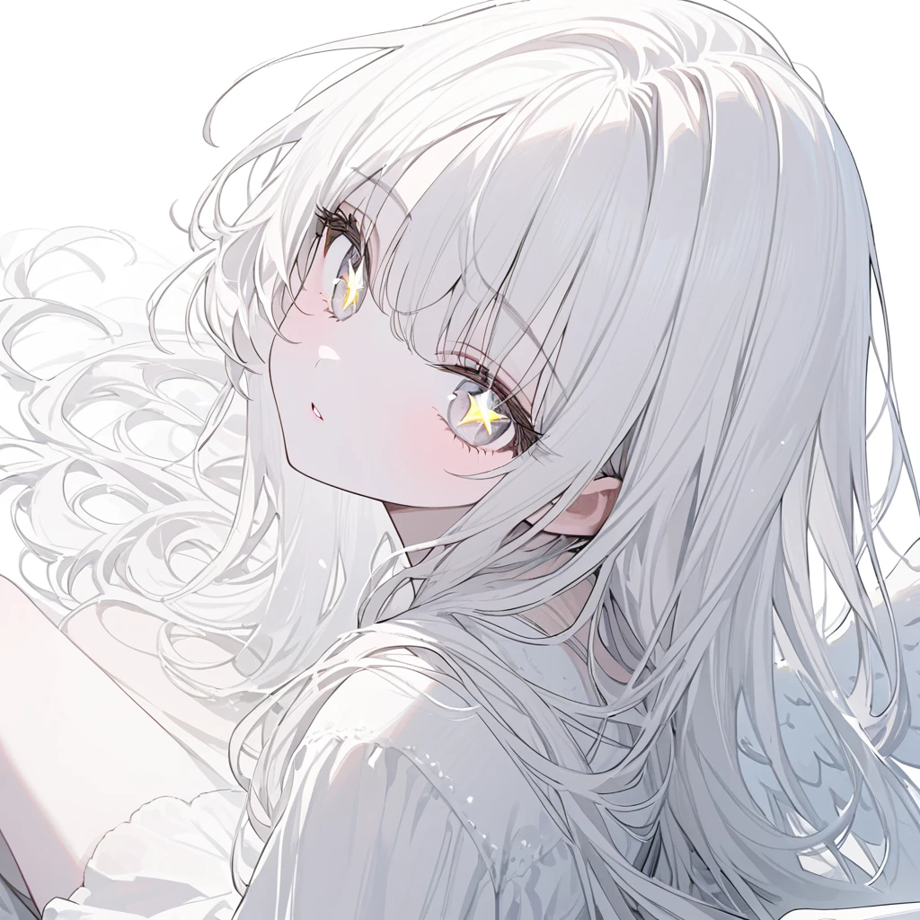 best quality, beautiful, absurdres, woman, neutral, sitting on the floor, looking at viewer, long hair, white hair, with sparkling eyes, white eyes, eyes open, pale skin, tall, dress, teenager, white background, beautiful, soft lines, upper body, from side, overhead shot, with angel wings on back,Close