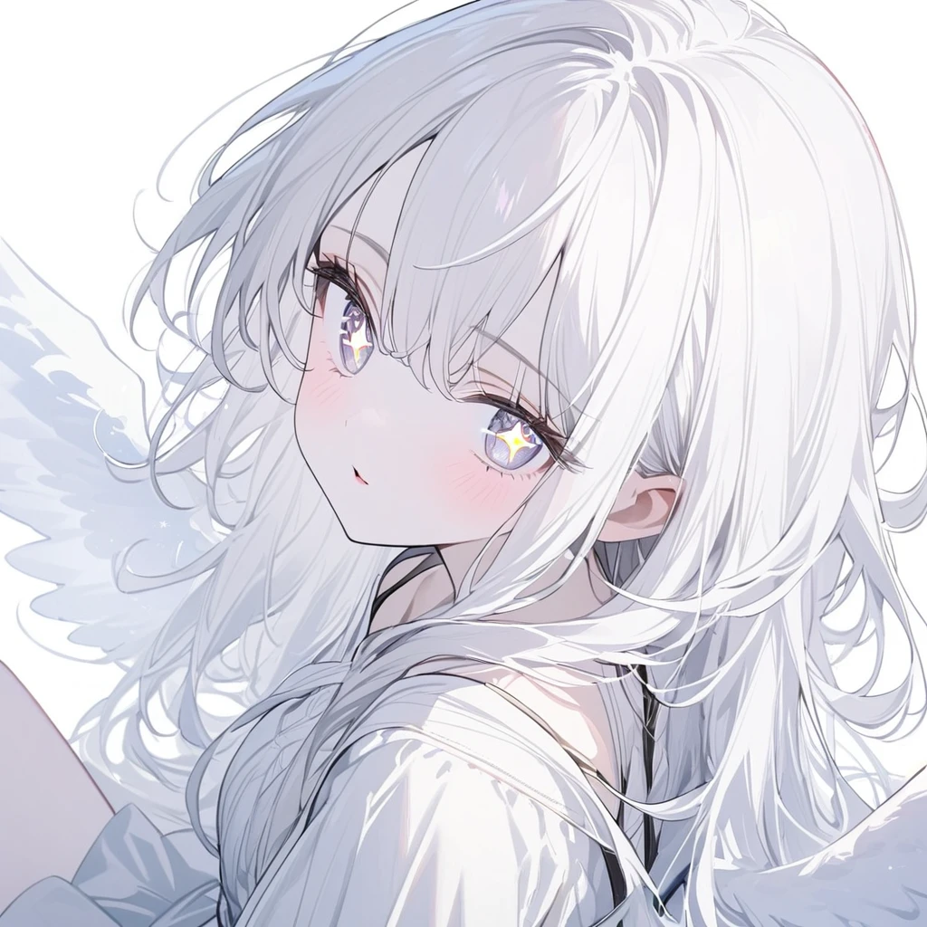 best quality, beautiful, absurdres, woman, neutral, sitting on the floor, looking at viewer, long hair, white hair, with sparkling eyes, white eyes, eyes open, pale skin, tall, dress, teenager, white background, beautiful, soft lines, upper body, from side, overhead shot, with angel wings on back,Close