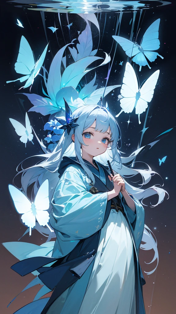 Highest quality,masterpiece,Detailed Details,Super detailed,colorful,The background is the deep blue sea,Transparency,Use HDR technology to create a sense of depth,beautiful,beautiful自然,5 year old girl,Alone,Wearing a wizard's robe,Stand in the center of the screen,The whole body faces this way,Look diagonally forward to the left,Put your right hand forward in a three-dimensional way,A star-like light from the right,Light magic from the right hand,Narrow and gentle eyes,mysterious,Silver hair decorated with blue flowers,Fantasy atmosphere,beautiful虹色の蝶々is flying in the air
