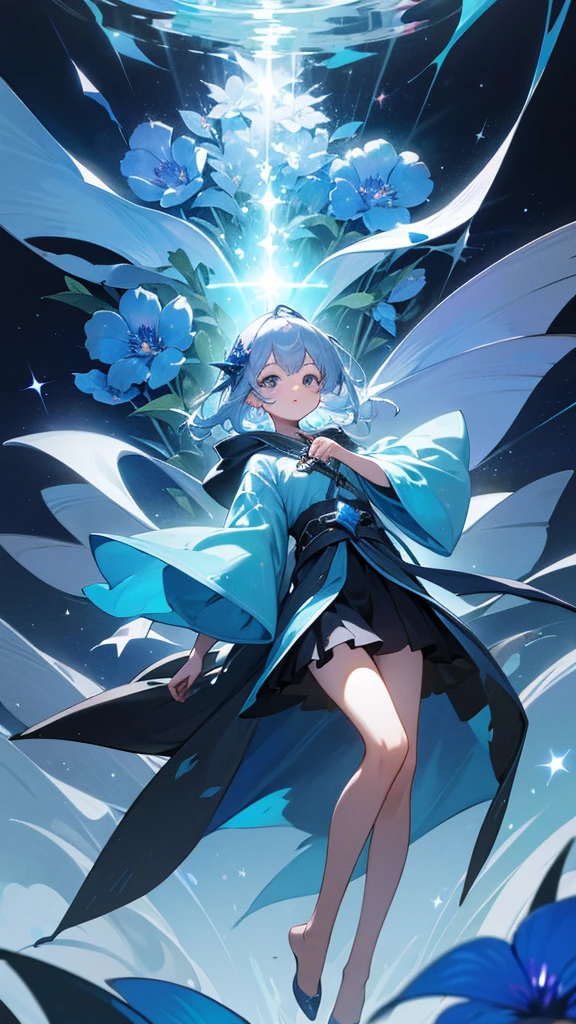 Highest quality,masterpiece,Detailed Details,Super detailed,colorful,The background is the deep blue sea,Transparency,Use HDR technology to create a sense of depth,beautiful,beautiful自然,5 year old girl,Alone,Wearing a wizard's robe,Stand in the center of the screen,The whole body faces this way,Look diagonally forward to the left,Put your right hand forward in a three-dimensional way,A star-like light from the right,Light magic from the right hand,Narrow and gentle eyes,mysterious,Silver hair decorated with blue flowers,Fantasy atmosphere,beautiful虹色の蝶々is flying in the air