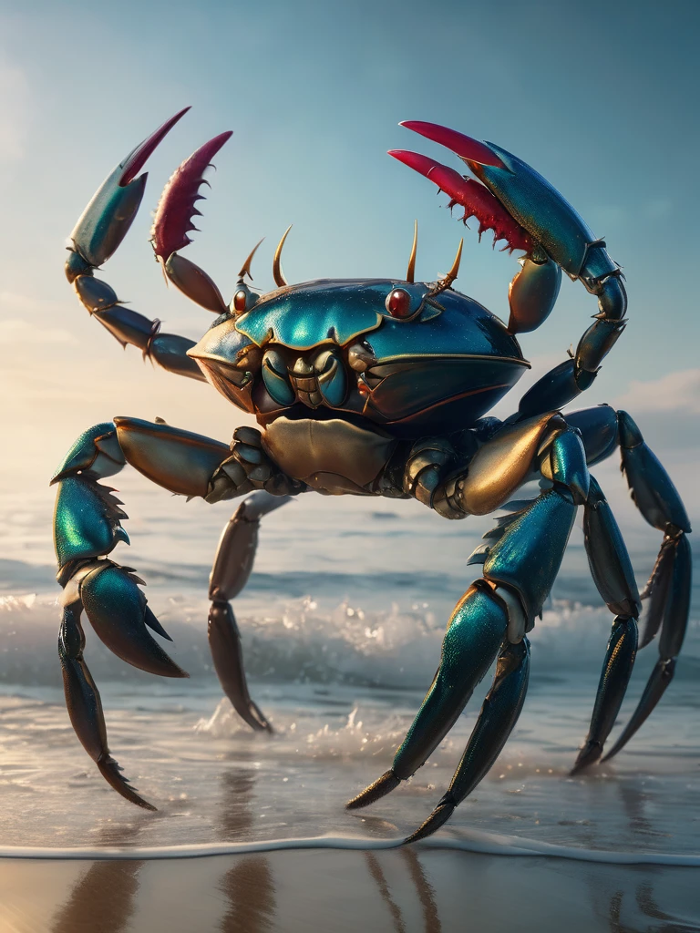 cinematic shot,ultra high quality,ultra high resolution,ultra-realistic and 32k ultra high-definition,octane renderings landscape shot in a beautiful magical deep oceanic realm featuring a stunning beautiful antrophy crab humanoid with large crab claws hands.She stands gracefully in her intricate beautiful fully covered exoskeleton Armored ,her delicate cute European face adorned with beautiful symmetrical eyes.a fit morphing between humans and crabs