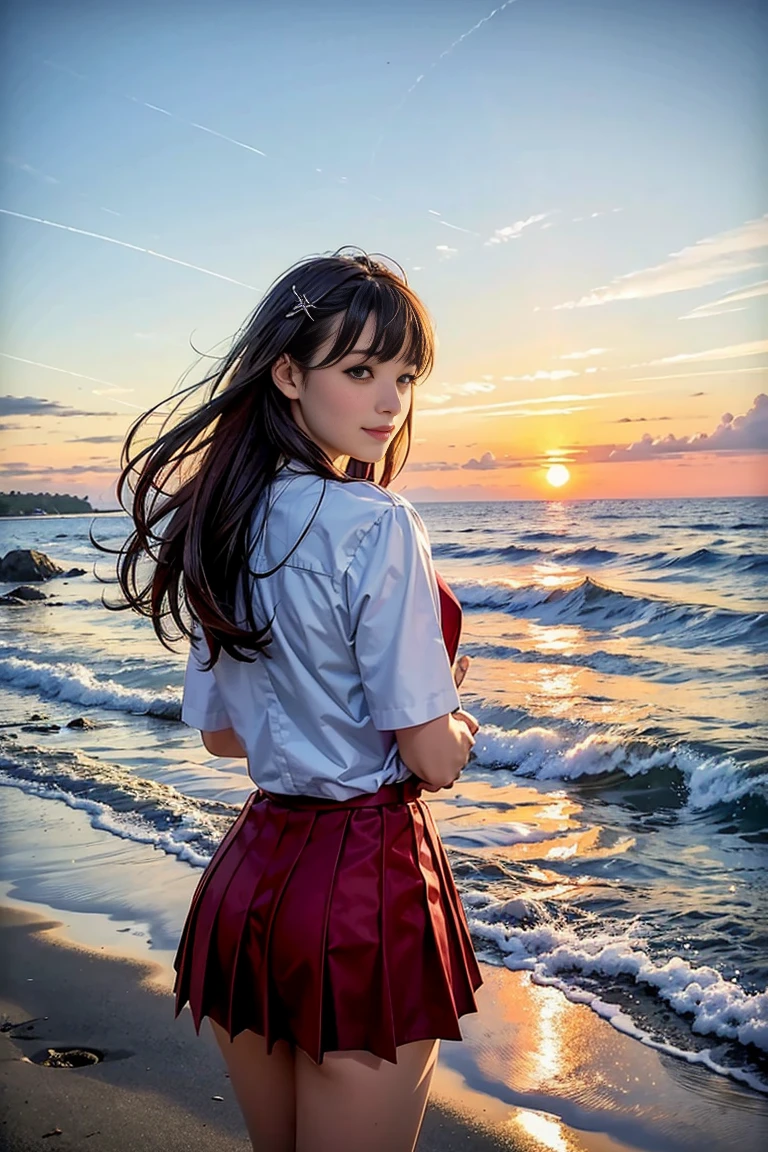 One girl, alone,smile, Beach,(sunset:1.1), Akagi_Also(denchi project), alone, Star hair ornament, Twin Blade,Shine, From behind, Recall, huge sunset,Red float, uniform, night, wave hands, Ocean