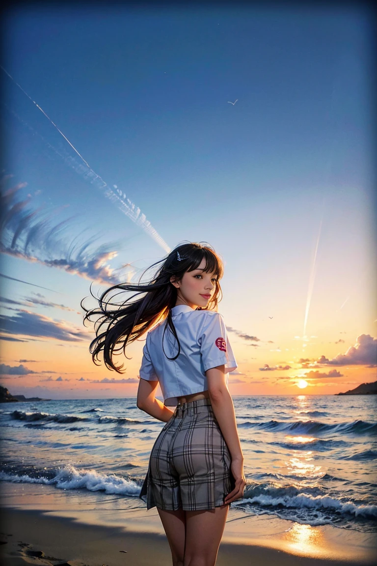 One girl, alone,smile, Beach,(sunset:1.1), Akagi_Also(denchi project), alone, Star hair ornament, Twin Blade,Shine, From behind, Recall, huge sunset,Red float, uniform, night, wave hands, Ocean