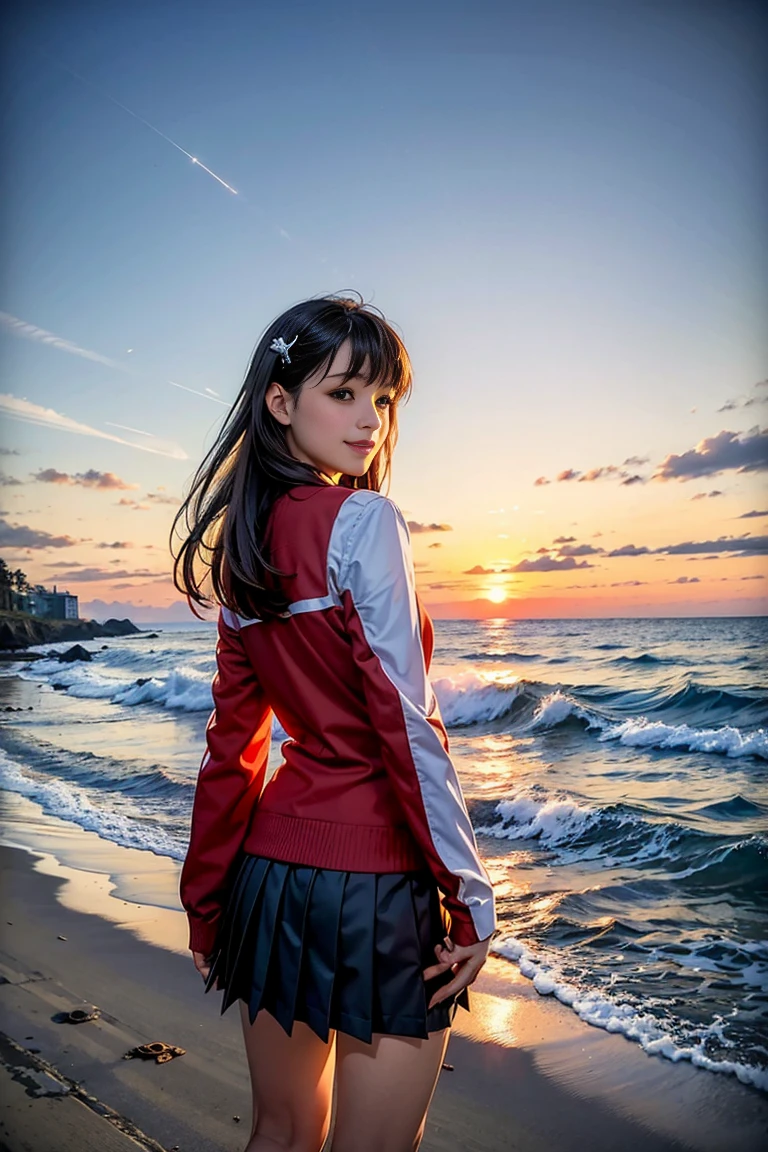 One girl, alone,smile, Beach,(sunset:1.1),  Akagi_Also(denchi project), alone,  Star hair ornament, Twin Blade,Shine, From behind, Recall, huge sunset,Red float, uniform, night, wave hands, Ocean