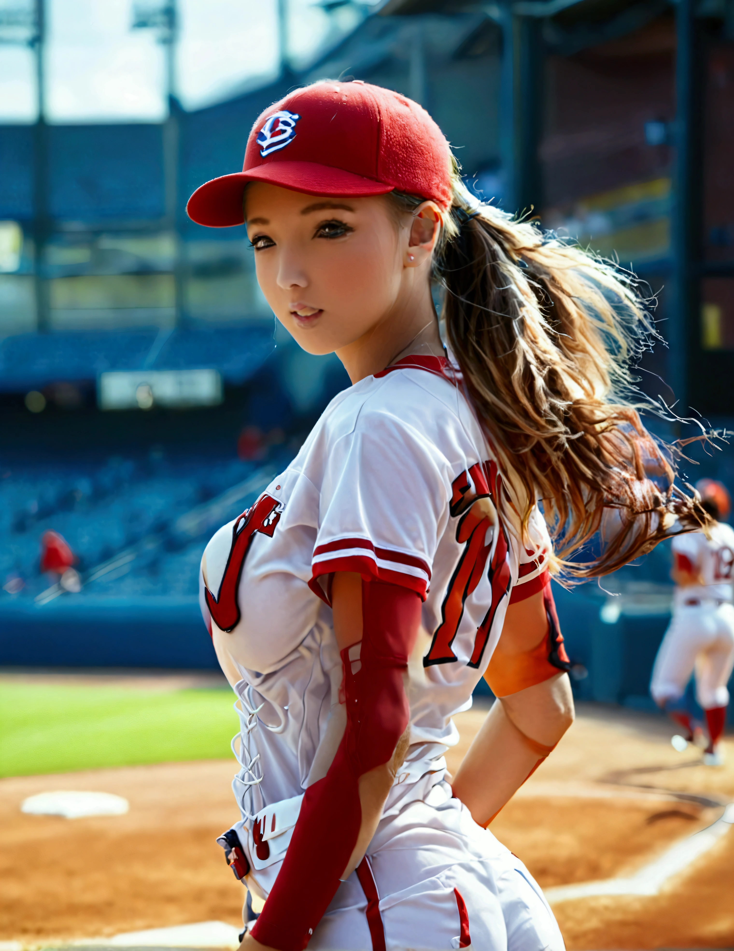 A cute woman (sexy baseball uniform, hair in ponytail), running to 3rd base, show her entire body, camera low to ground