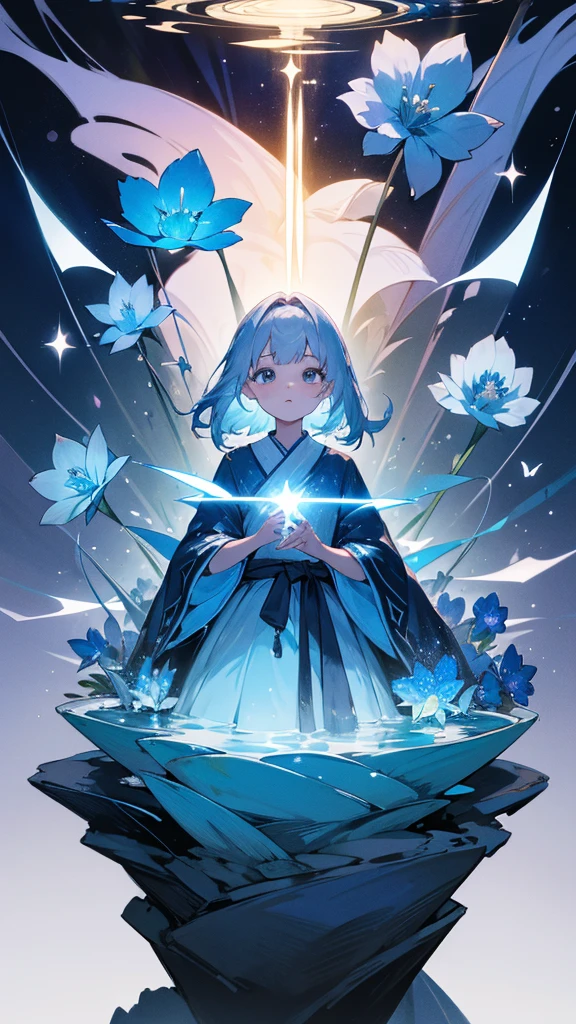 Highest quality,masterpiece,Detailed Details,Super detailed,colorful,The background is the deep blue sea,Transparency,Use HDR technology to create a sense of depth,beautiful,beautiful自然,5 year old girl,Alone,Wearing a wizard's robe,Stand in the center of the screen,The whole body faces this way,Look diagonally forward to the left,Put your right hand forward in a three-dimensional way,A star-like light from the right,Light magic from the right hand,Narrow and gentle eyes,mysterious,Silver hair decorated with blue flowers,Fantasy atmosphere,beautiful虹色の蝶々is flying in the air