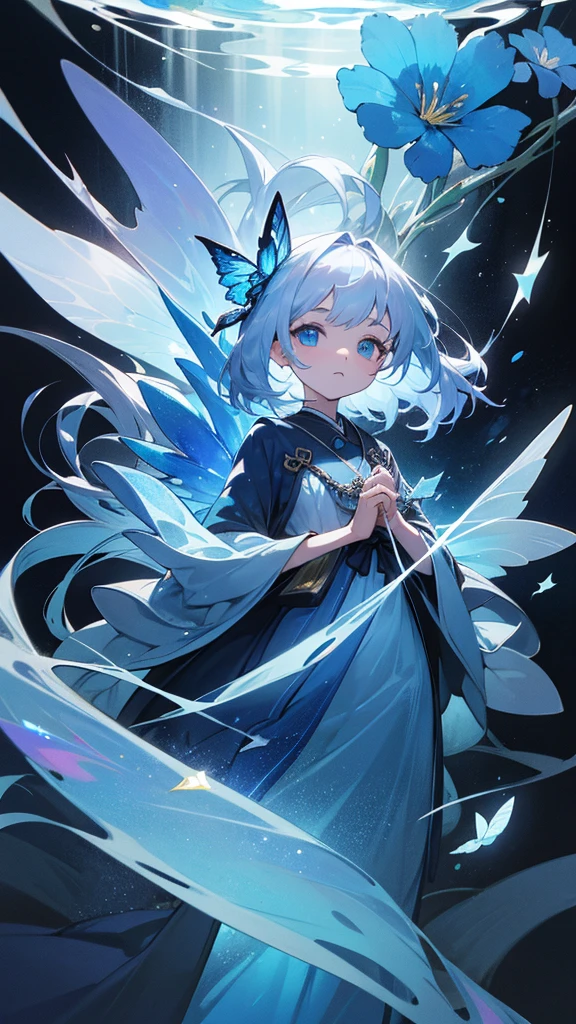 Highest quality,masterpiece,Detailed Details,Super detailed,colorful,The background is the deep blue sea,Transparency,Use HDR technology to create a sense of depth,beautiful,beautiful自然,5 year old girl,Alone,Wearing a wizard's robe,Stand in the center of the screen,The whole body faces this way,Look diagonally forward to the left,Put your right hand forward in a three-dimensional way,A star-like light from the right,Light magic from the right hand,Narrow and gentle eyes,mysterious,Silver hair decorated with blue flowers,Fantasy atmosphere,beautiful虹色の蝶々is flying in the air