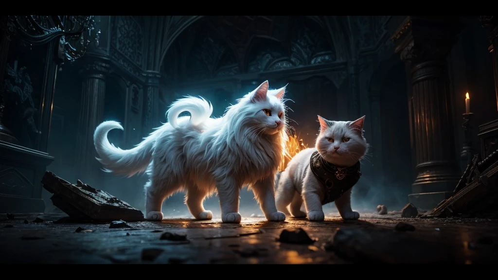 A cute white ghost playing with a white fluffy cat, both having a playful expression. The ghost has a small glow around it and the cat has a gold shine. The scene is set in a black room with rough paint strokes and rough texture, featuring black and dark black colors. It is a detailed matte painting with insanely detailed and deep color. The scene is minimalist, fantastical, and intricate, fitting a splash screen and fantasy concept art. The image is 8k resolution, trending on Artstation, and created with Unreal Engine 5. No writing.