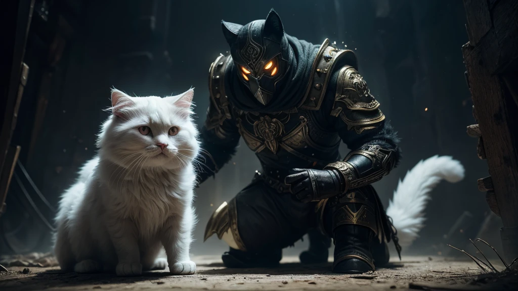 A cute white ghost playing with a white fluffy cat, both having a playful expression. The ghost has a small glow around it and the cat has a gold shine. The scene is set in a black room with rough paint strokes and rough texture, featuring black and dark black colors. It is a detailed matte painting with insanely detailed and deep color. The scene is minimalist, fantastical, and intricate, fitting a splash screen and fantasy concept art. The image is 8k resolution, trending on Artstation, and created with Unreal Engine 5. No writing.