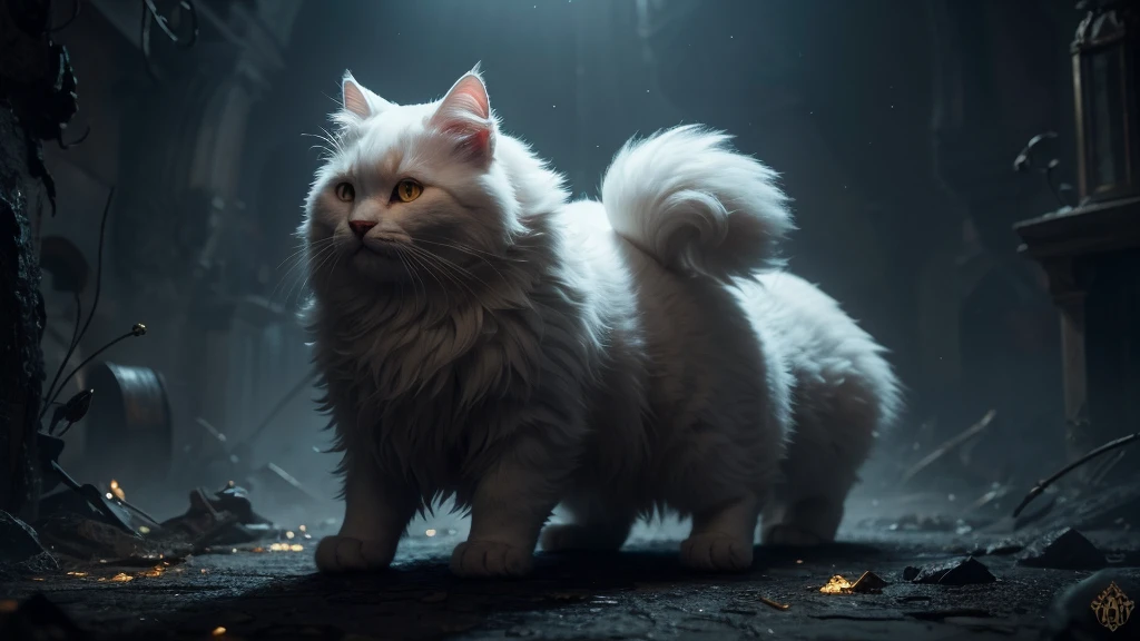 A cute white ghost playing with a white fluffy cat, both having a playful expression. The ghost has a small glow around it and the cat has a gold shine. The scene is set in a black room with rough paint strokes and rough texture, featuring black and dark black colors. It is a detailed matte painting with insanely detailed and deep color. The scene is minimalist, fantastical, and intricate, fitting a splash screen and fantasy concept art. The image is 8k resolution, trending on Artstation, and created with Unreal Engine 5. No writing.