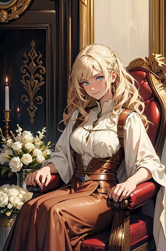 30 year old woman, with defined facial features, shy smile, long curly hair, pale gold color,blue eyes, wearing a dark red medieval nobility dress,sitting in a brown leather chair, oil painting, Wooden frame, above a fireplace, vases with white flowers