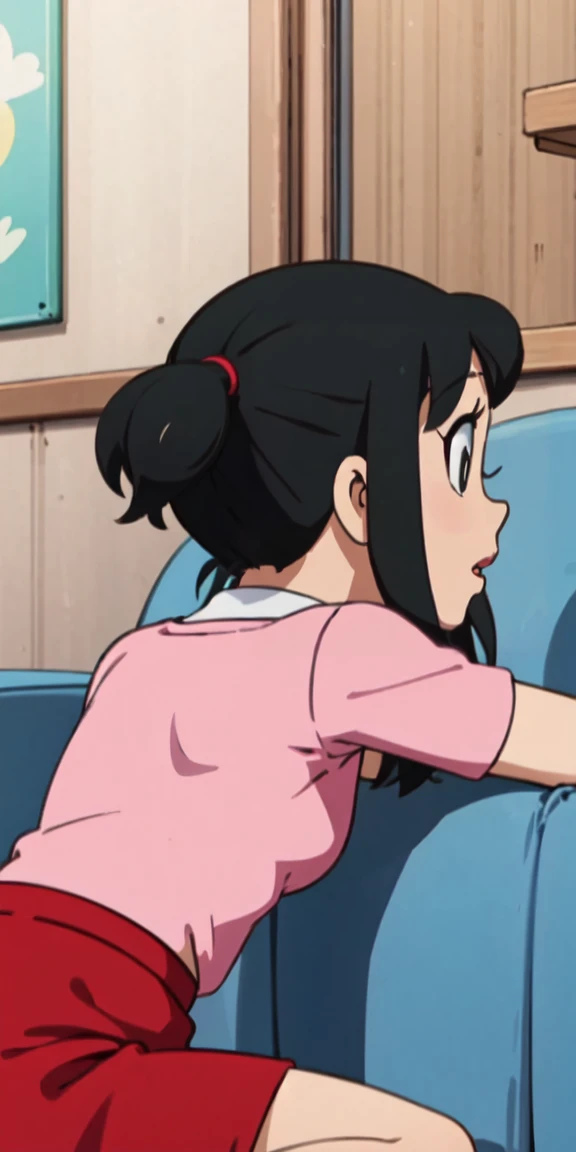1girl, solo, upper body, red skirt, black hair, twintails, short twintails, backrest on sofa,drsizukachan1