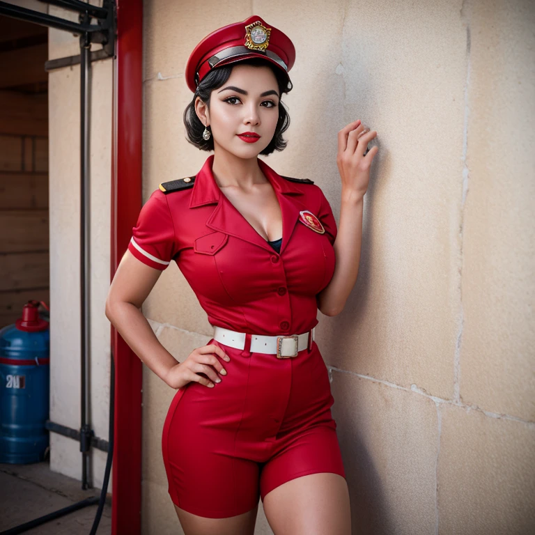 Retro Cam. HANDE ERcEL, fire station, firefighter uniform , pin-up, vintage, 22 years old, perfect body, 40's, perspective, half body detail, sharp focus, light mix, detail, 50's, (high skin detail: 1,2), 8k hd, Wallpaper, DSLR, Luz outfit, high quality, Fujifilm XT3 Grainy Films.