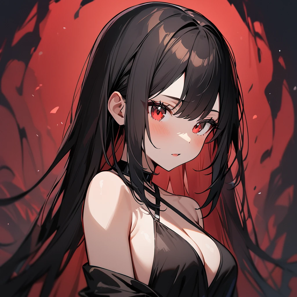 1 girl,Solo,upper body,black hair,red eyes,bare breasts,Criss Cross,masterpiece,best quality,very aesthetic,absurdres 