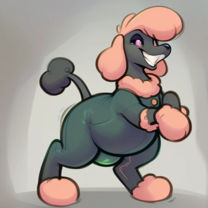 A inflatable poodle with a giant permanent grin and big belly, standing on its hind legs.