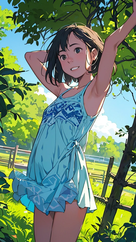 reasonable design, Clear lines, High Sharpness, (highest quality,8K,Perfect sharpness,Ultra fine,High resolution,masterpiece:1.2), Perfect Anatomy:1.5, Official Art, Illustrations that tell a story, (Whitish background:0. 9)、Body Positivity、More Mr.Physical expression、(Random and mischievous poses)、Perfect beauty、Perfect beautiful face、Strong winds、A rich expression、Dynamic composition、smile、Golden ratio composition、colorful、(Mr.Different angles and perspectives)、anime art、mini skirt、(Overcoming stereotypes)、 Glowing Skin、(Natural beauty)、smile、bangs、Straight Hair、(Soft and flowing hair)、(Rural Scenery)、(Nostalgic atmosphere)、Insert up to the thighs、(Playful and carefree)、(More Mr.Ethnic characters)、(innocent attitude)、(Sunny atmosphere)、Skirt flipped up、(Bright colors)、Belly button exposed、Beautiful Eyes、A skirt fluttering in the wind、Put it in to your feet、Some composition patterns、Tank top、ル、sensuous、Geometric pattern、