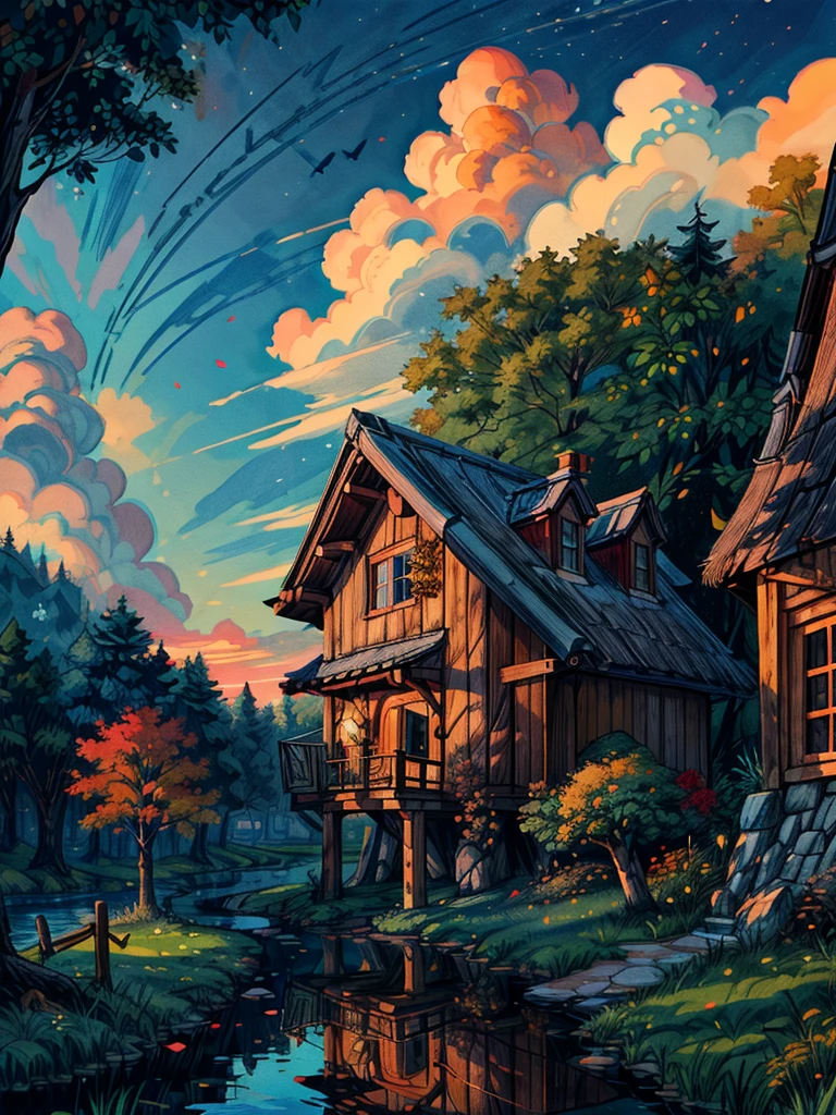 a hut surrounded by trees, line art, pretty sky, cart, shadow, shade, fall season, ghibli style, flowers, stone, lake, reflection, no humans, scenery, outdoors, sky, cloud, building, sign, house, window, plant, cloudy sky, bush, sunset, masterpiece, high resolution