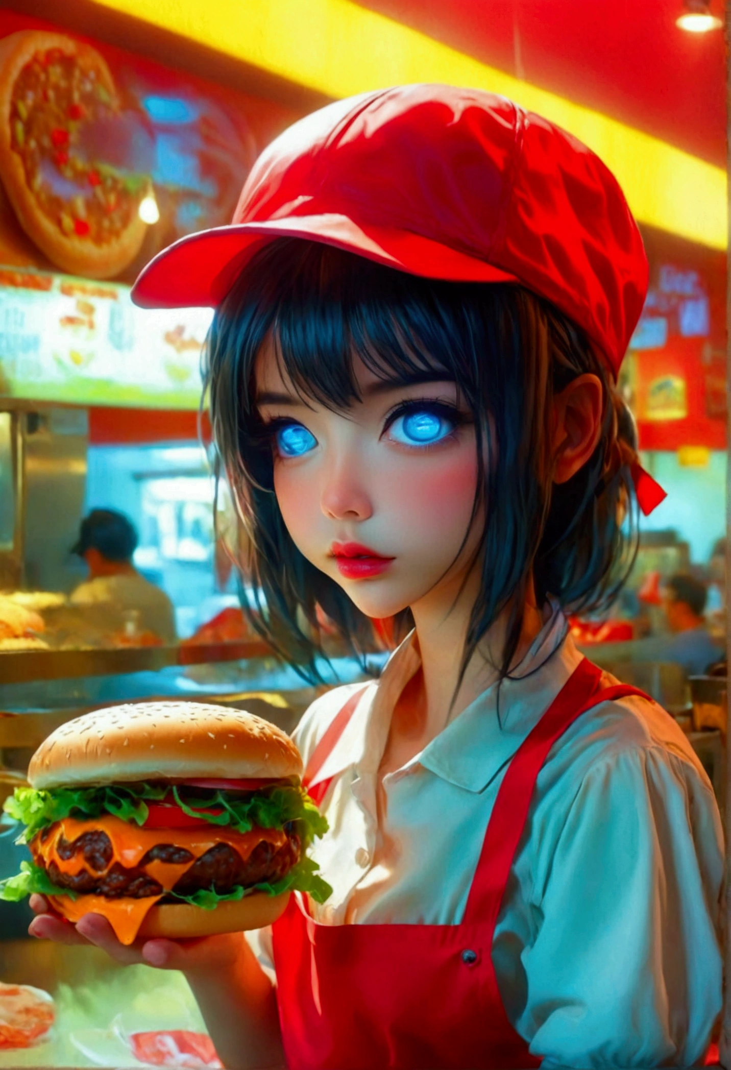 Lovely (, Neon backlit eyes, Obvious mechanical joints, Aprons and hats, nude) An employee of the Puny Humans fast food restaurant, Pick up a hamburger,Fully automatic fast food restaurant. Full of fat Asians