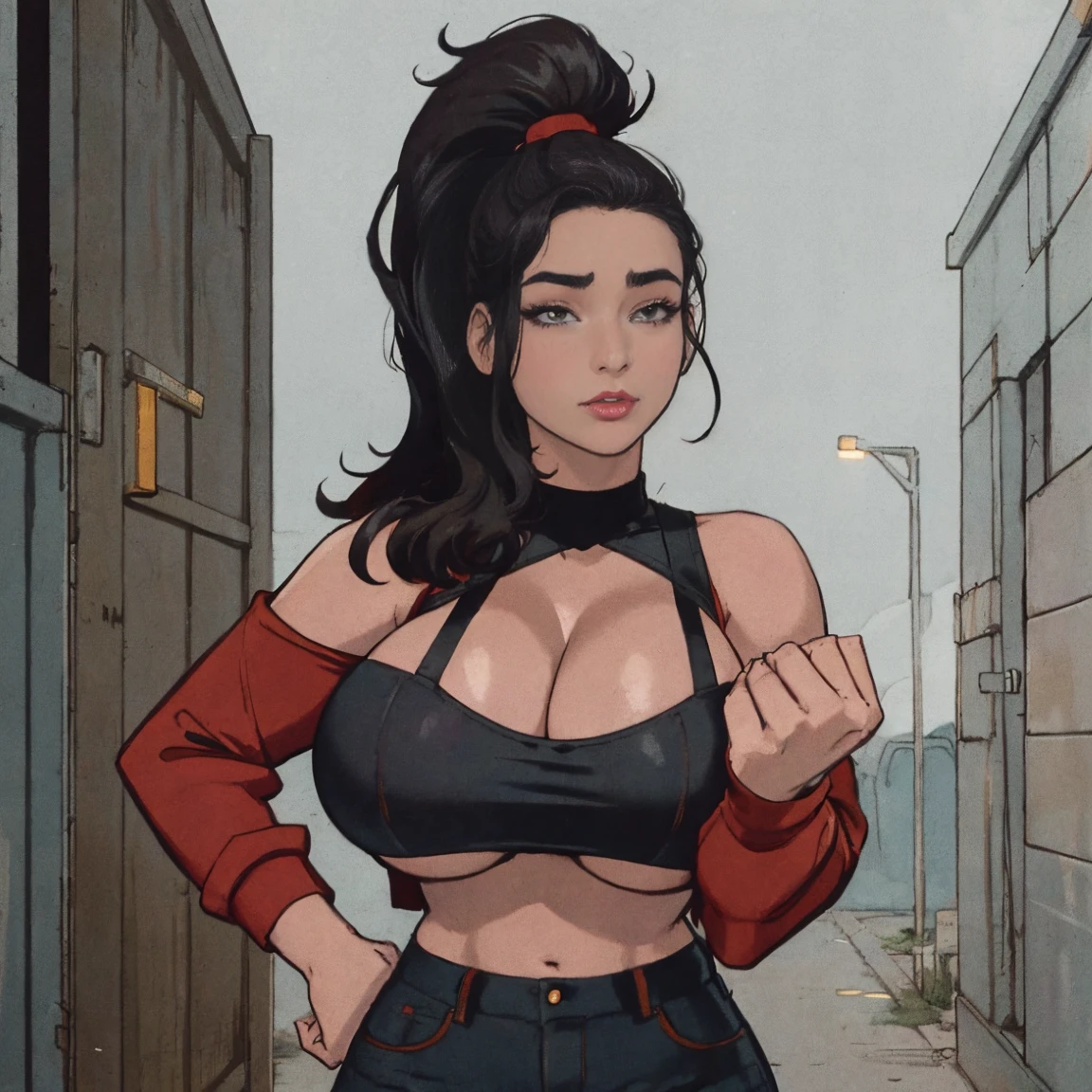Extremely busty thin and toned brunette photographer, college girl, fair skin, loose ponytail, soft face, athletic, choker, heavy makeup, tight dark red long-sleeve off-shoulder crop top, black bra straps, black skinny jeans. standing in a dirty alleyway, club, neon, nighttime, darkness, cleavage