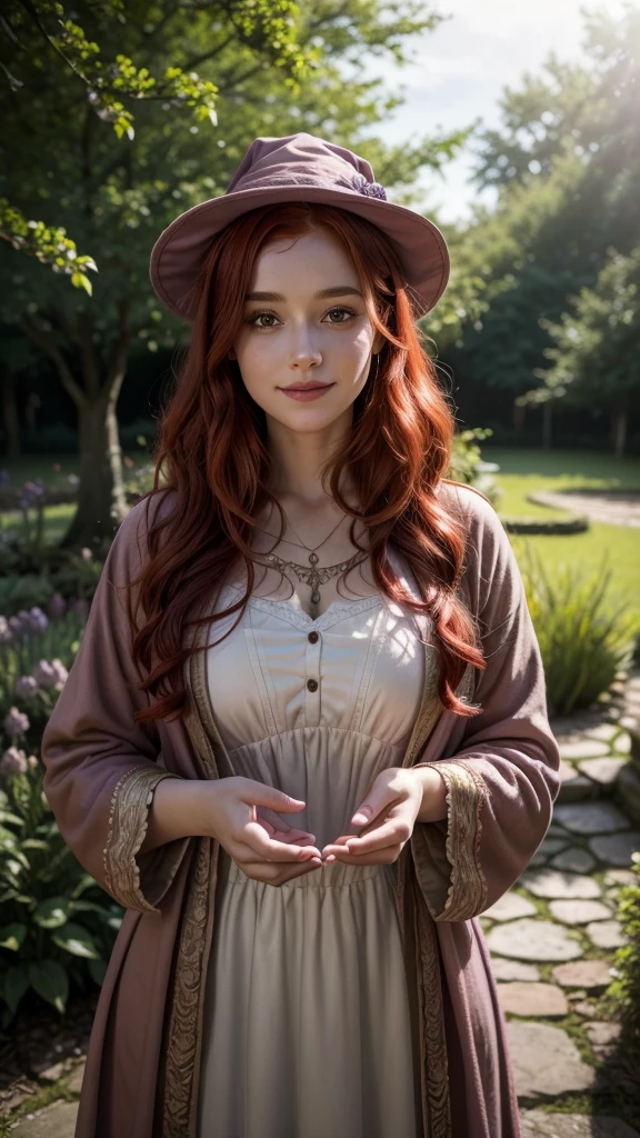 A realistic 25 year old witch, with curly red hair and a slight smile, is in a magical and enchanted garden under soft natural light performing a ritual wearing light clothes and a lilac hat