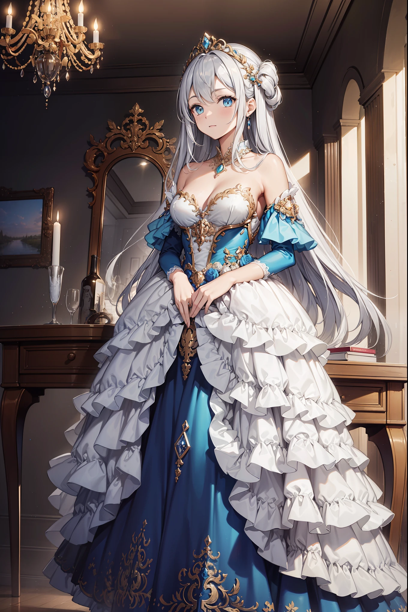 (best quality,4K,8K,high resolution,masterpiece:1.2),Extremely detailed,milf,,magic,enchanting,joy,Holy,magical effect,Silver hair,Blue eyes,Banquet Dress,Exquisite decoration,A small amount of sky blue cloth,Exquisite clothing,Layered Skirt,detailed lace,Delicate ruffles,bedroom,Alone,at night,Lace pantyhose,Sacred stripes,Transparent clothing,Jewelry embellishments