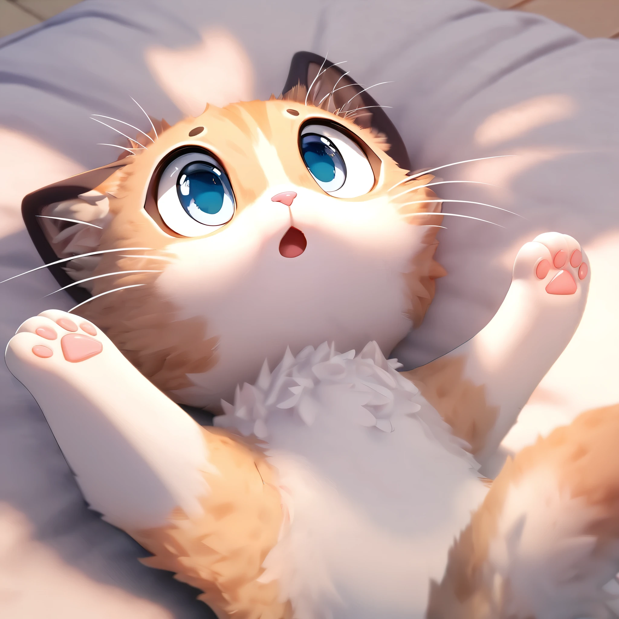 2.5D, delicate and dynamic, cute cat lying on its back, eyes wide open and surprised expression, arms and hands wide open, fluffy