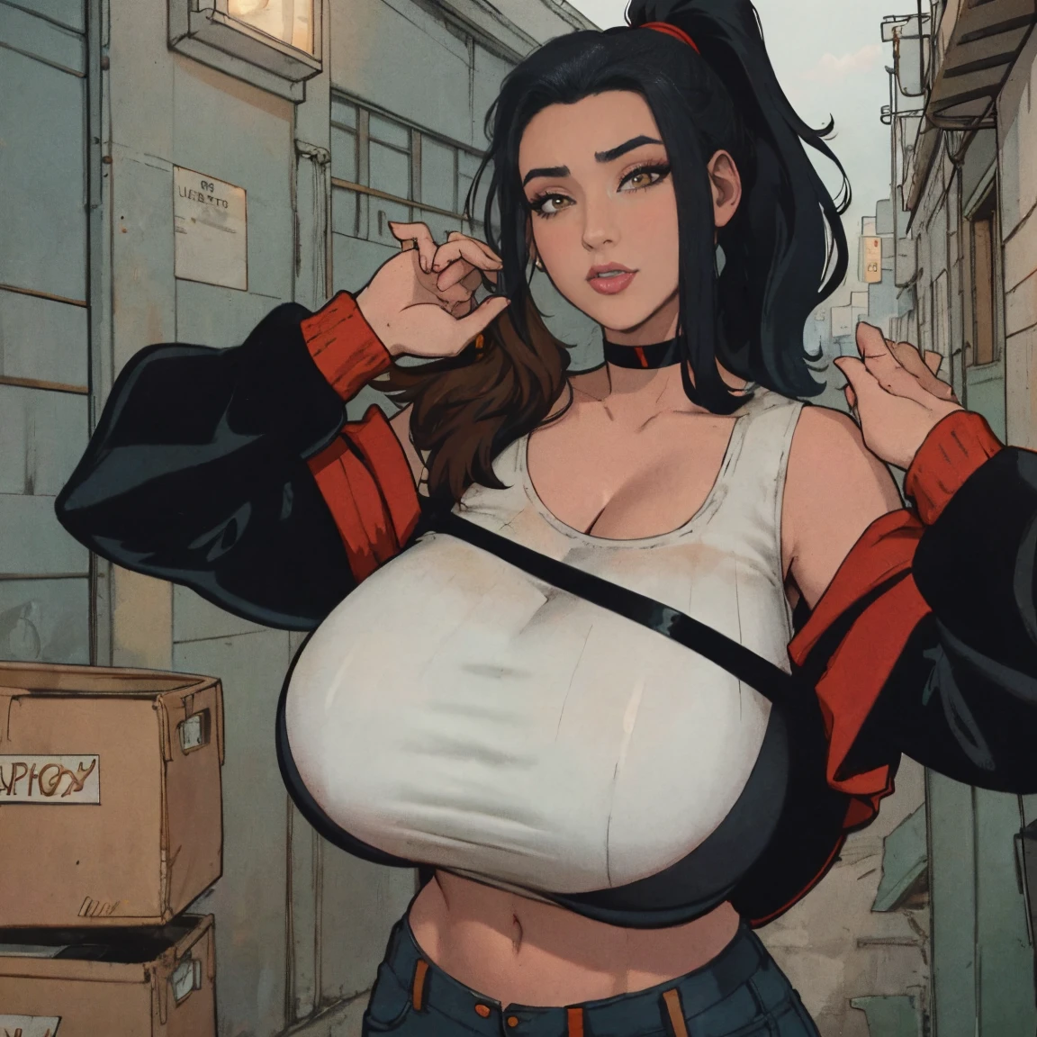 Extremely busty thin and toned brunette photographer, college girl, fair skin, loose ponytail, soft face, athletic, choker, heavy makeup, tight dark red long-sleeve off-shoulder crop top, black bra straps, black skinny jeans. standing in a dirty alleyway, club, neon, nighttime, darkness, cleavage 