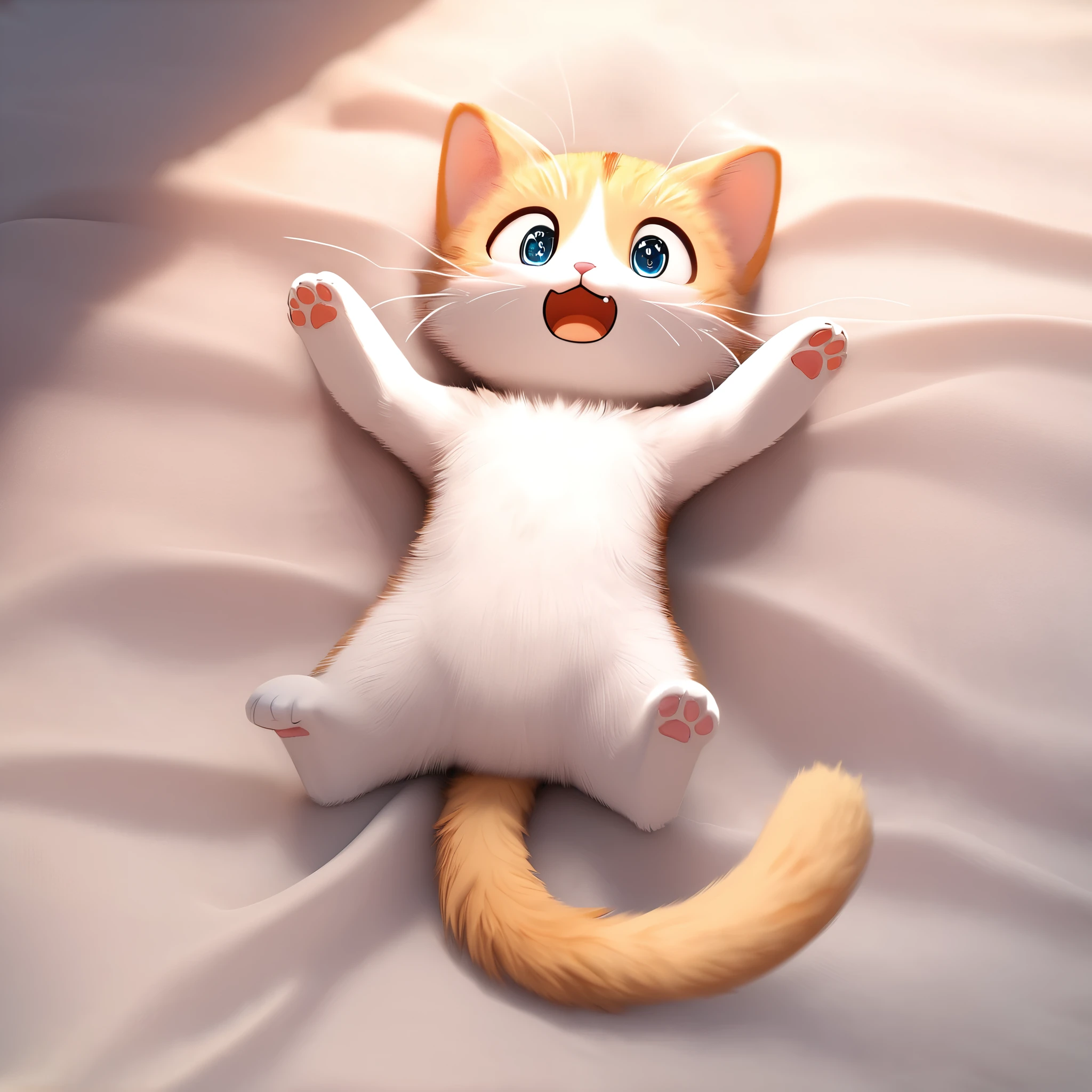 2.5D, delicate and dynamic, cute cat lying on its back, eyes wide open and surprised expression, arms and hands wide open, fluffy