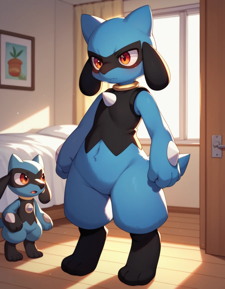 score_9,score_8_up,score_7_up, source_cartoon, kemono style, Anthro, Riolu, standing, indoors