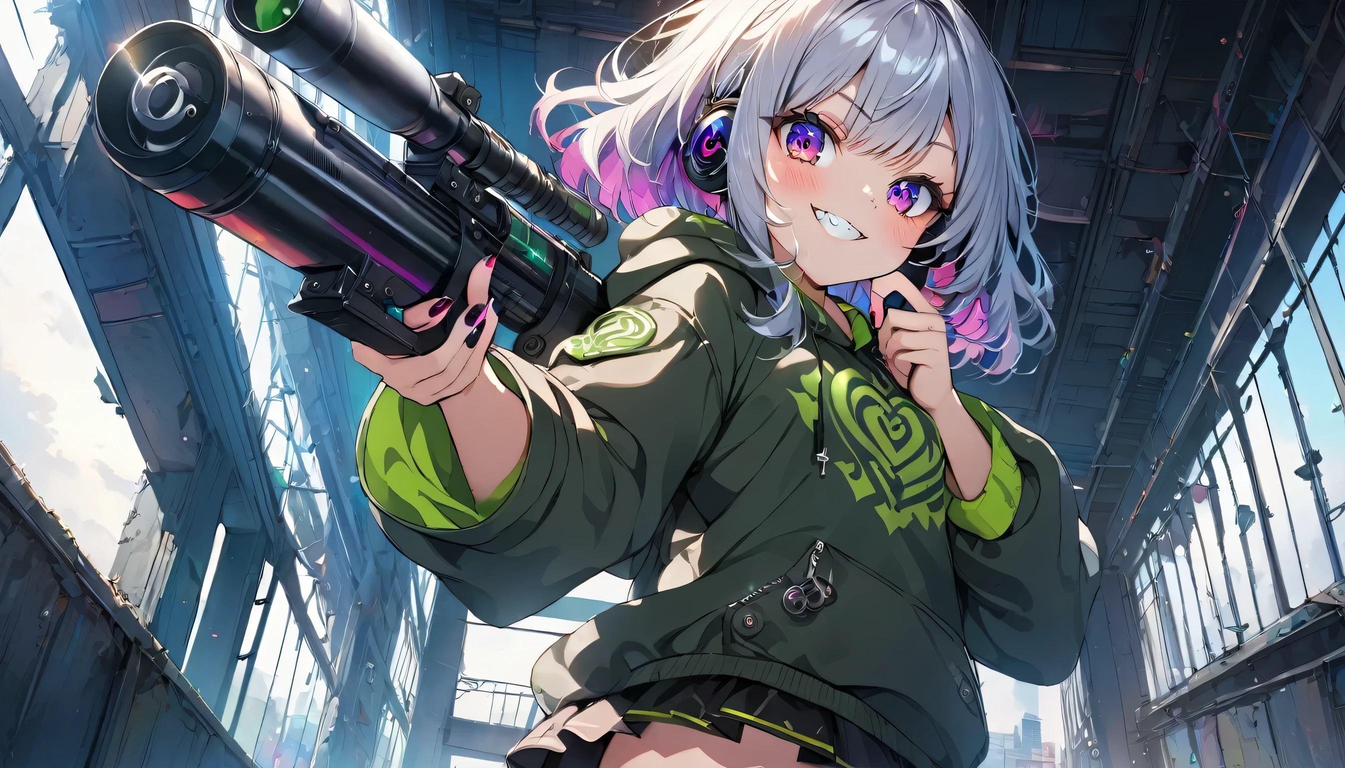 ((Masterpiece)), ((best quality)), (Anime:1.3), (super detail:1.2), (High Definition:1.3), (Professional Photography:1.3), cute young Girl, Glossy unruly hair, (loose swept bangs), (silver ash hair), medium hair, big eyes, (Eye bags:1.3), (Long eyelashes), colorful eyes, (set up a Rocket launcher:1.3), (peek into the aim:1.5), Glossy lips, (jagged teeth), (evil smile and blush), ((Camouflage hoodie with oversized)), mini skirt, (upper body:1.3), barearms, cute, (colorful:1.3), gothic makeup, (wearing headphone), pretty, Celtic, maniac, (at the roof of the building), (dutch angle:1.3),