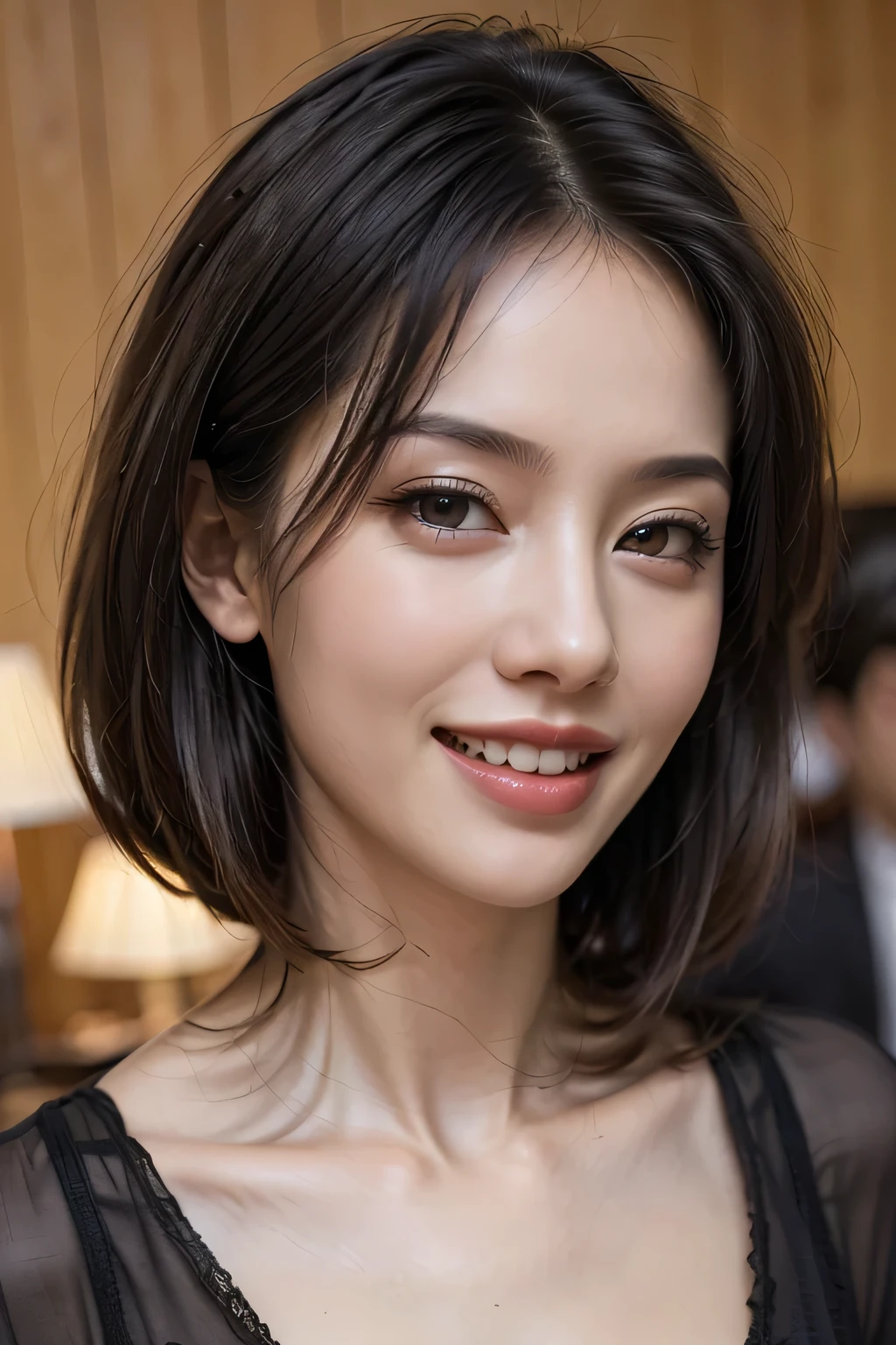 ((masterpiece)), ((Highest quality)), ((Complex)), ((Surreal)), (Realistic), (Mature Woman), ((There are no classes)), Very detailed, (1 female), Beautiful and exquisite, (Beautiful Teeth), Grin, Brunette Bob Hair, Brown eyes, ((blouse)), (Upper Body), (background:none), Perfect Eyes, Captivating eyes, Looking at the audience