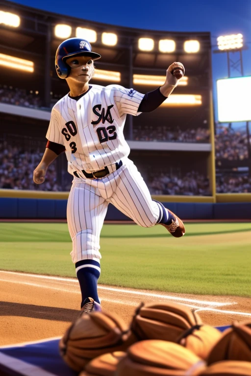 (Highest quality、masterpiece、8K))、Anatomically correct、Very detailed、High resolution、Realistic、((Beautiful, bright, almond-shaped, detailed eyes))、Intricate details、Cinematic lighting、((Dynamic composition))、Party、Cute kitten、baseball player、Uniforms that are too big、pitcher