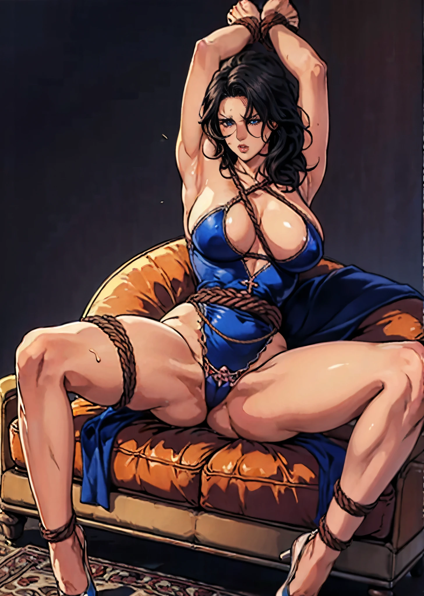 girl,alone,Gray background,Artistic lighting,Beautiful Asian Goddess,Long black hair,Long hair down to the waist,Wavy Hair,eyelash, blue eyes, lipstick, Completely naked,thin,(Fully expose your thighs to the viewer:1.4),(Rope Bondage:1.3),((Cross your arms behind your back)),((hide your arms behind your back)),((Both wrists tied behind the back)),((Spread your legs out to the sides)),((Raise both legs high)),((Show the soles of your feet)),(Sitting on sofa with legs spread),Tied up woman,whole body写真撮影,Sensual look,A look of shame,Expression of pleading,Turn your face away in embarrassment,(Hair blowing in the wind),Graceful features,No sleeve,Mature Woman, Mature Woman,Detailed fingers, Perfect hands, Length 180cm,Small face,sweating,Sweat on the face,Soft thighs,Sexy legs,Sexy ass, Cleavage,Open the chest,Smooth thighs and legs,Long, slender legs,((Amazing orgasm)),大きなSexy ass, Wearing high heels, Perfect Body Proportions, Slim waist,Smooth and flat belly,Nipples visible,The areola is protruding,Tight waist,(Long legs:1.5),E cup bust,Thighs open,Huge :1.1,perspective:1.2,Looking at the audience,Character-centric,symmetry diagram,whole body:1.5,From below:1.1,Abdominal shot