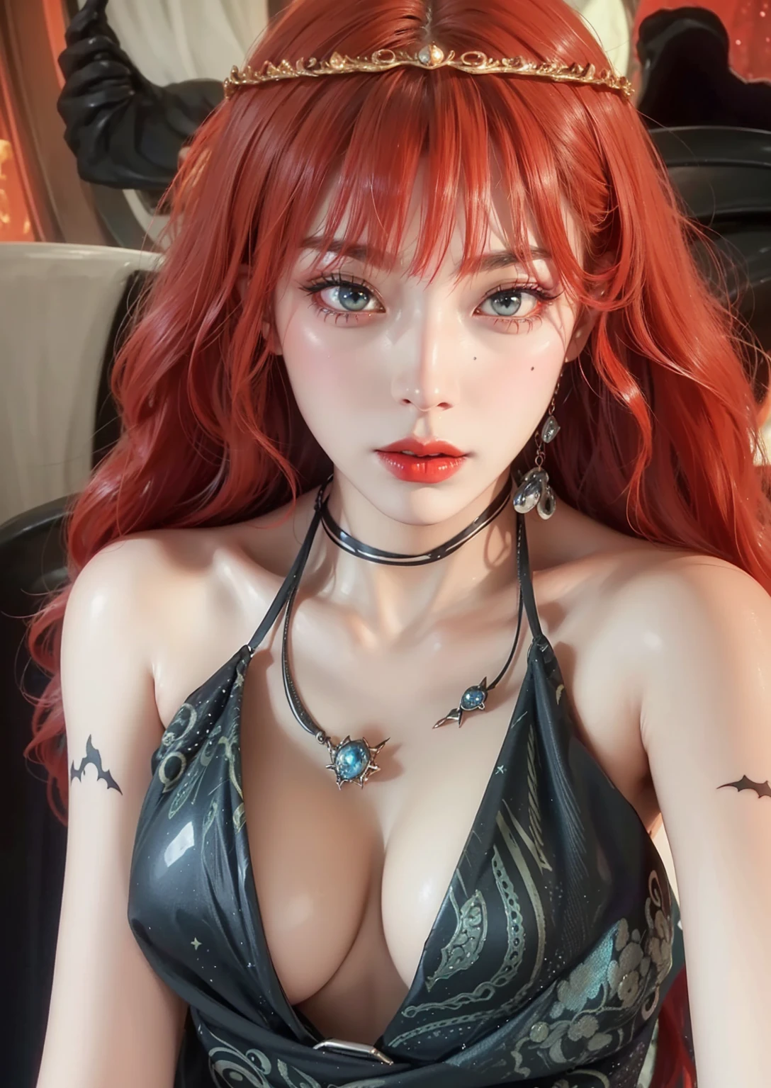 Detailed image quality,Witch Pandora,wing, Succubus Theme,堕落Angel,Excellent,scary,Secret Terror,Tentacles,With eyes,Uncanny Valley Effect,Beast Blood Moon,skeleton,vampire,Hellfire,Dark Queen,Angel,magician magic witch,Angel,Eyes are blue(Pupils as deep as the starry sky),Gorgeous tattoo designs all over the body,Surreal photos(8K picture quality,Rich in details),Dark eyeshadow,Sexy thick lips(Red lipstick),Tattoo designs on body,Dark Queen,Wear luxurious gold jewelry,Sparkling diamond gemstone,breasts symmetrical,Shining armor