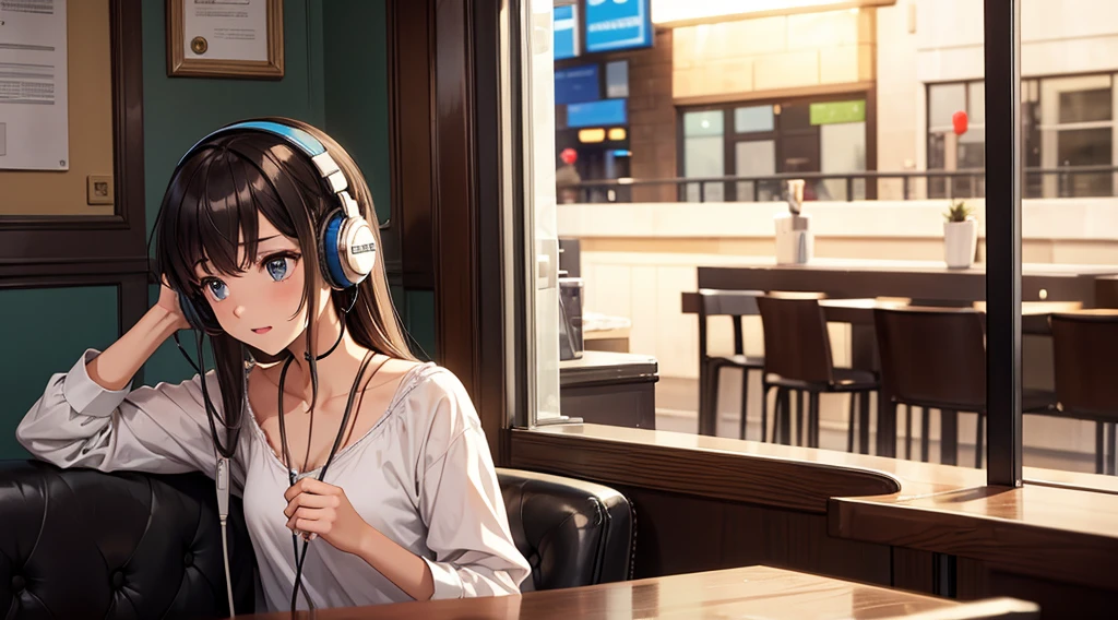 Girl with headphones enjoying music in a cafe　I am studying　Emphasize a little bit of the chest