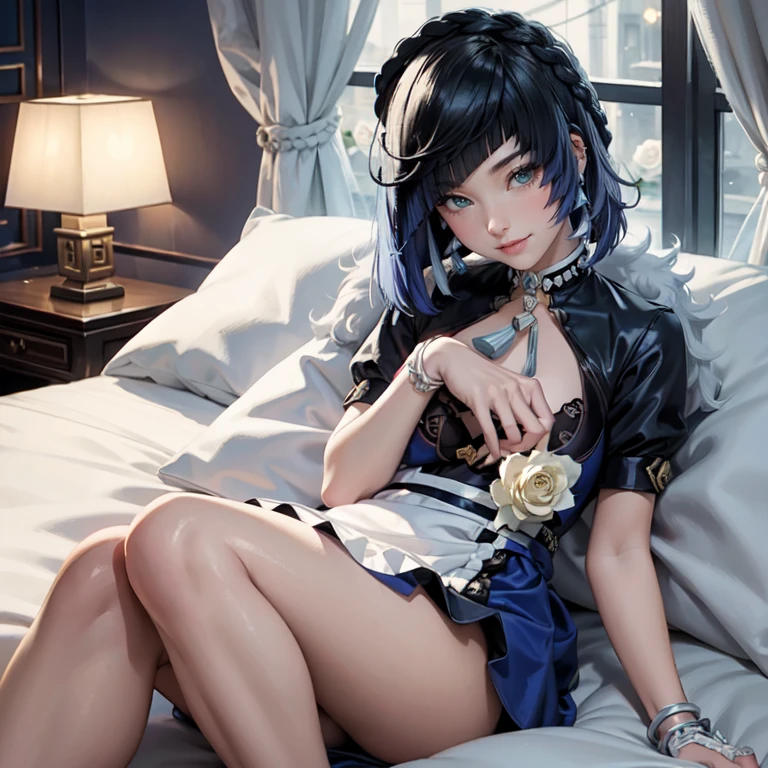 Yelan_(genshin impact), 1girl, white roses, ornament hair, roses on her hair, maid, maid dress, maid headdress, maid apron, navy hair, short hair, laying down on the bed, bedroom scene, Chinese maid dress, gold lantern, navy dress, more details on her clothes, golden details, night, smiling, coat, chinese style, solo, alone, crystal, curtains, full moon on the sky, laces, frills, sparkles, fireflies, laying down on the bed, chinese architecture on the background, white roses on the floor, bedroom scenery, solo, 1 girl
