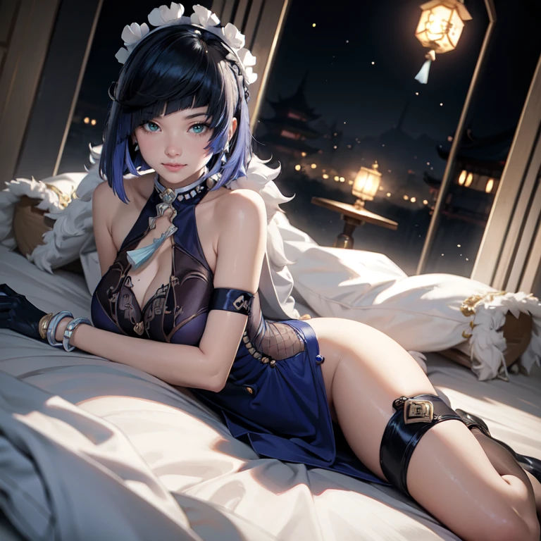 Yelan_(genshin impact), 1girl, white roses, ornament hair, roses on her hair, maid, maid dress, maid headdress, maid apron, navy hair, short hair, laying down on the bed, bedroom scene, Chinese maid dress, gold lantern, navy dress, more details on her clothes, golden details, night, smiling, coat, chinese style, solo, alone, crystal, curtains, full moon on the sky, laces, frills, sparkles, fireflies, laying down on the bed, chinese architecture on the background, white roses on the floor, bedroom scenery, solo, 1 girl