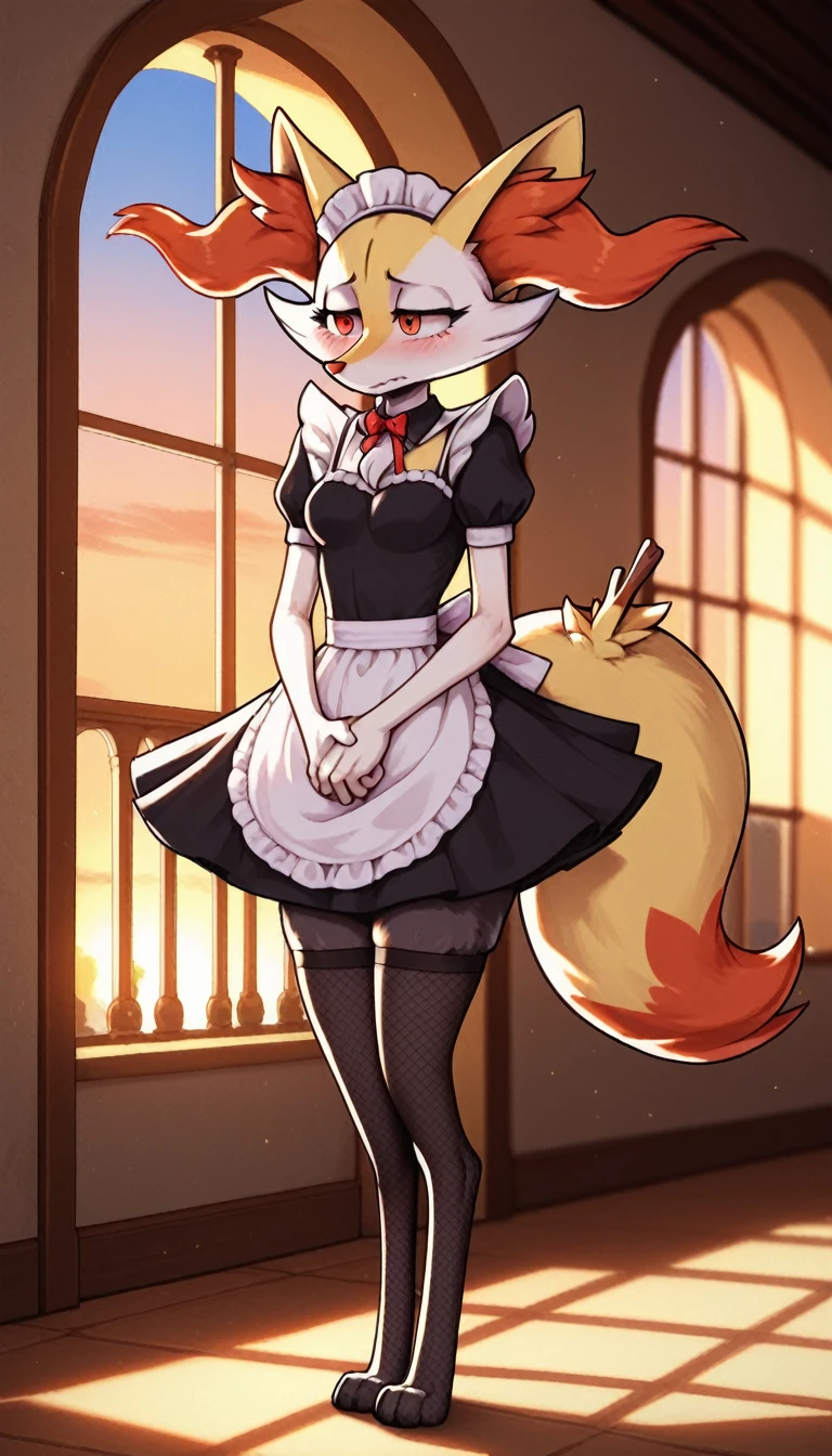 1girl, anthro, furry, fur, fluffy fur, braixen girl, Red eyes, full body, (19 years), medium breast, thicc thighs, solo, (mansion), sunset, detailed, maid outfit, fishnet stockings, shy, nervous, sunset, (sad), (depressed), (baggy eyes), standing, half-closed eyes, frontal view, hands together, score_9, score_8_up, score_7_up, score_6_up, score_5_up, score_4_up
