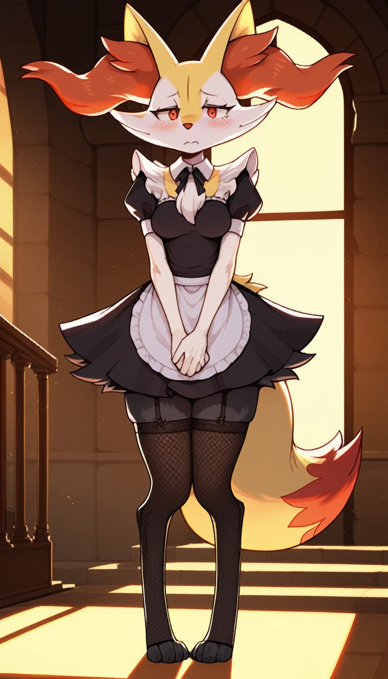 1girl, anthro, furry, fur, fluffy fur, braixen girl, Red eyes, full body, (19 years), medium breast, thicc thighs, solo, (mansion), sunset, detailed, maid outfit, fishnet stockings, shy, nervous, sunset, (sad), (depressed), (baggy eyes), standing, half-closed eyes, frontal view, hands together, score_9, score_8_up, score_7_up, score_6_up, score_5_up, score_4_up